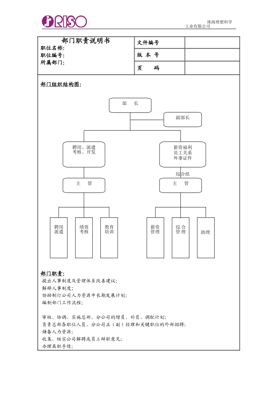 RISO岗位说明书（人力资源部）.doc_第1页