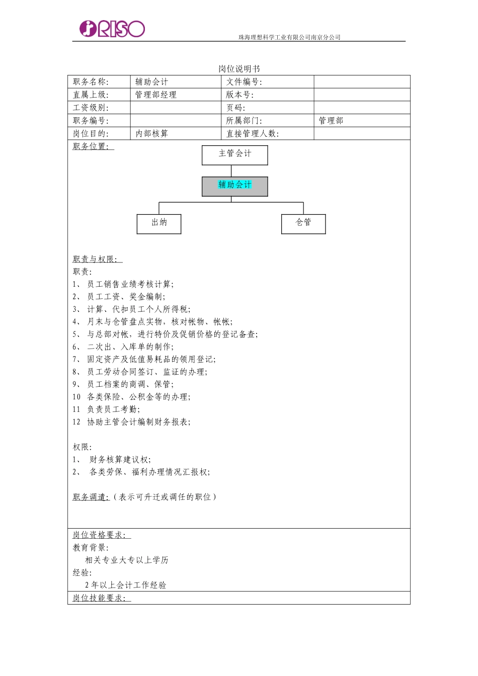辅助会计岗位说明书（10.8）.doc_第1页