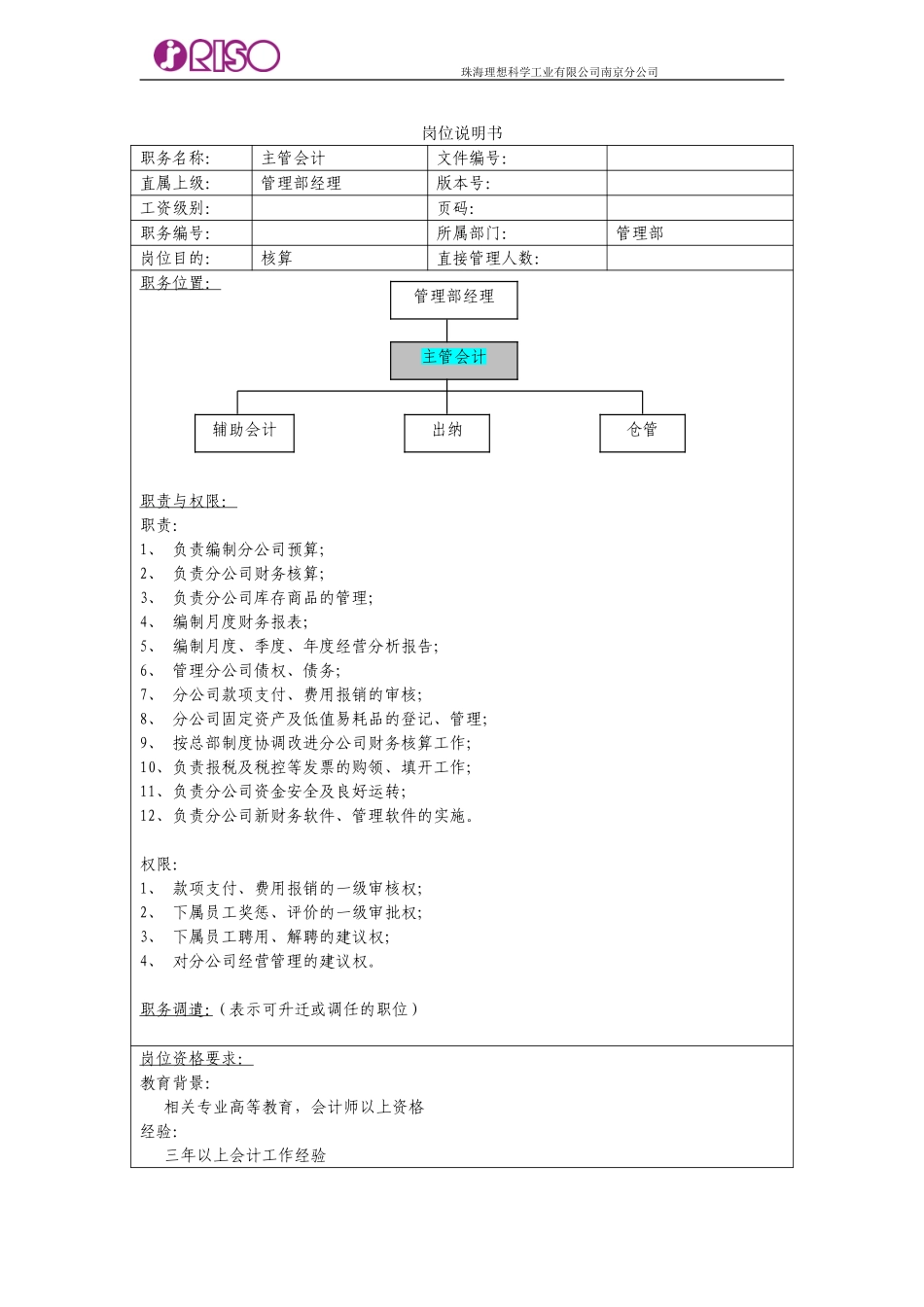 主管会计岗位说明书.doc_第1页