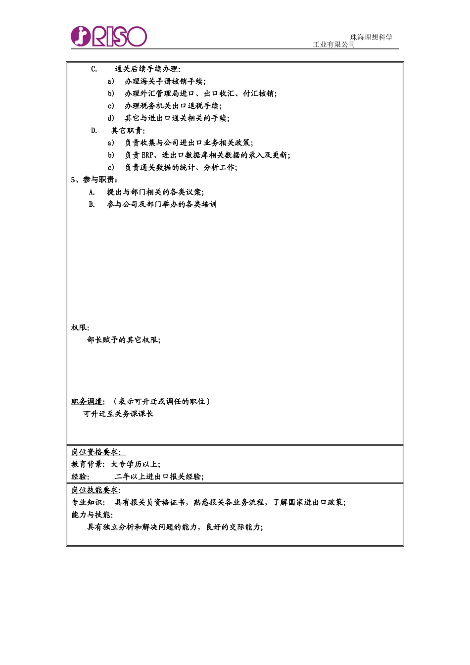 RISO岗位说明书（报关员）.doc_第2页