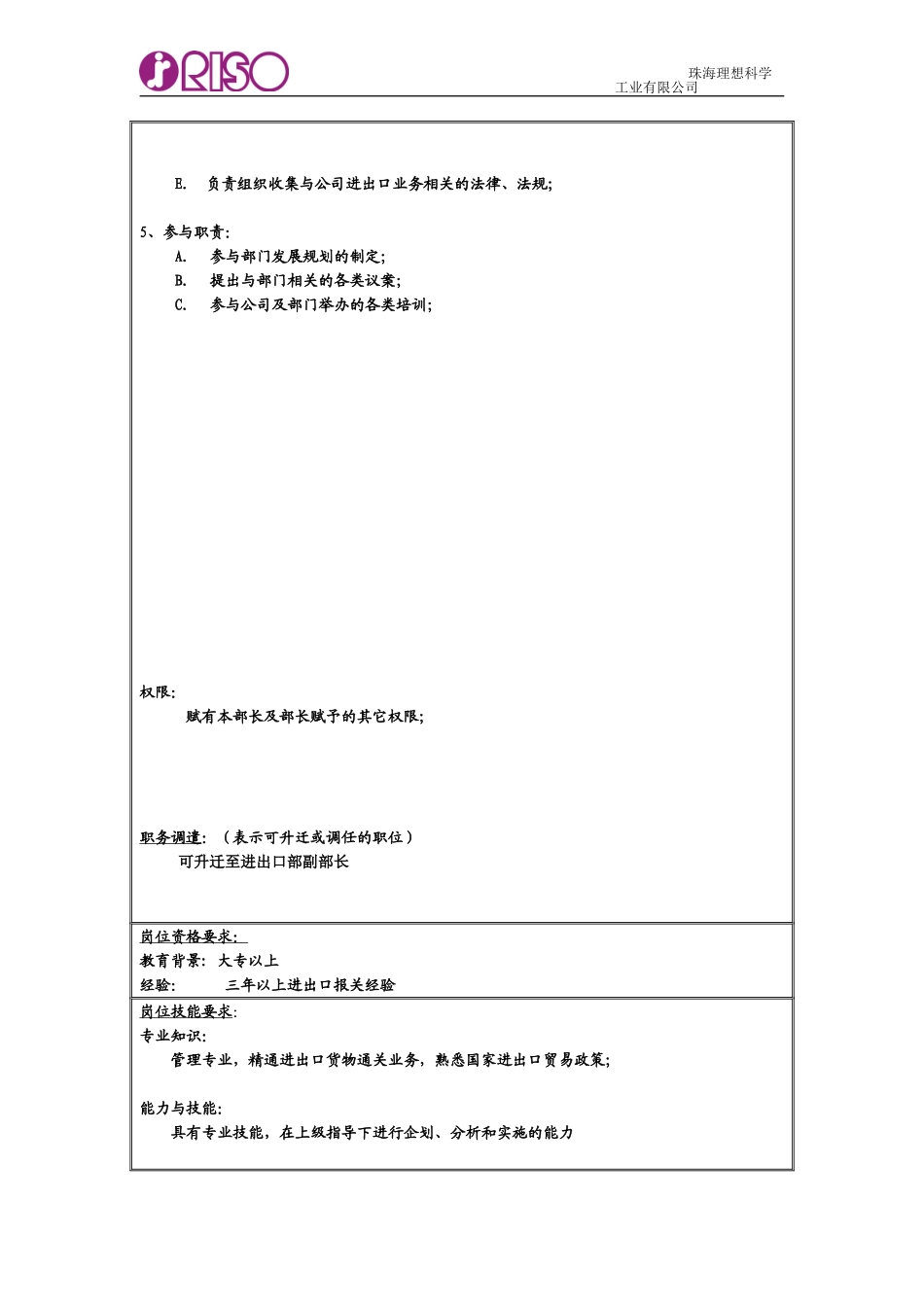 RISO岗位说明书（关务课课长）.doc_第2页