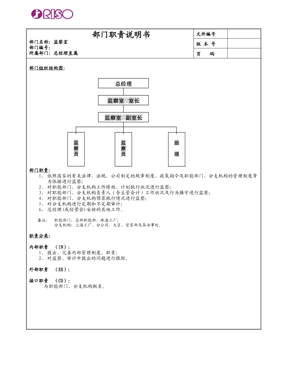 RISO岗位说明书（监察室）.doc_第1页