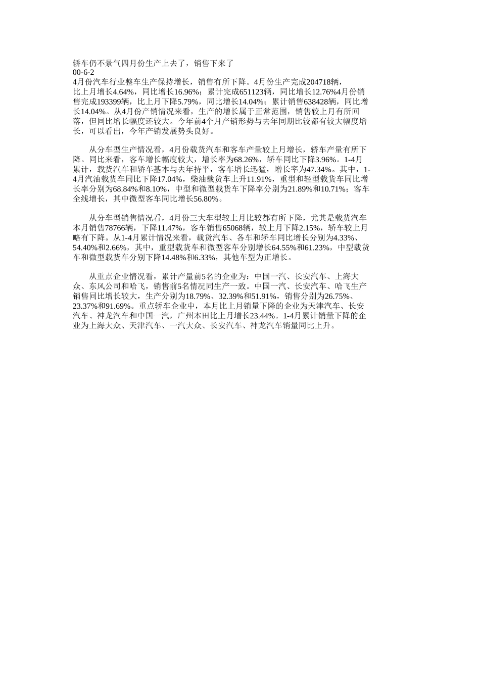 轿车仍不景气四月份生产上去了，销售下来了.doc_第1页