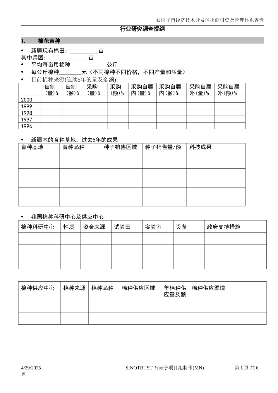 石河子招商引资及管理体系 —— 行业研究调查提纲0.DOC_第1页