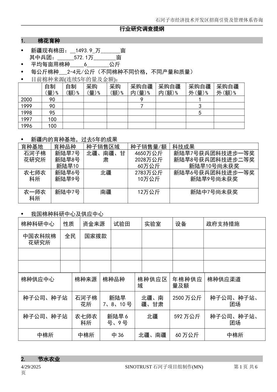 石河子招商引资及管理体系 —— 行业研究调查提纲1.DOC_第1页