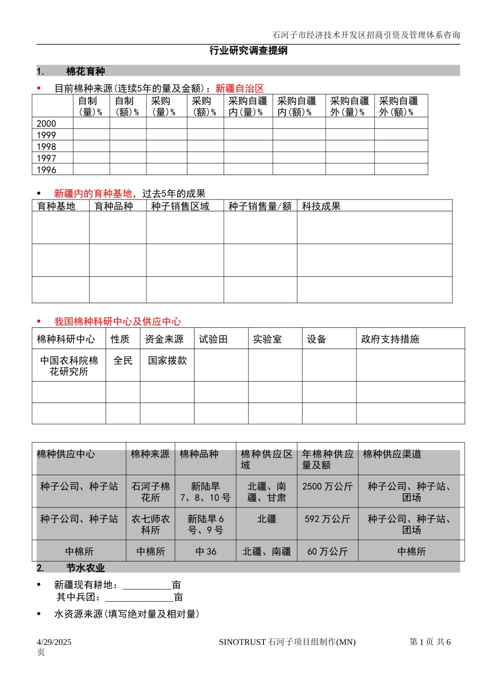 石河子招商引资及管理体系 —— 行业研究调查提纲2.DOC_第1页