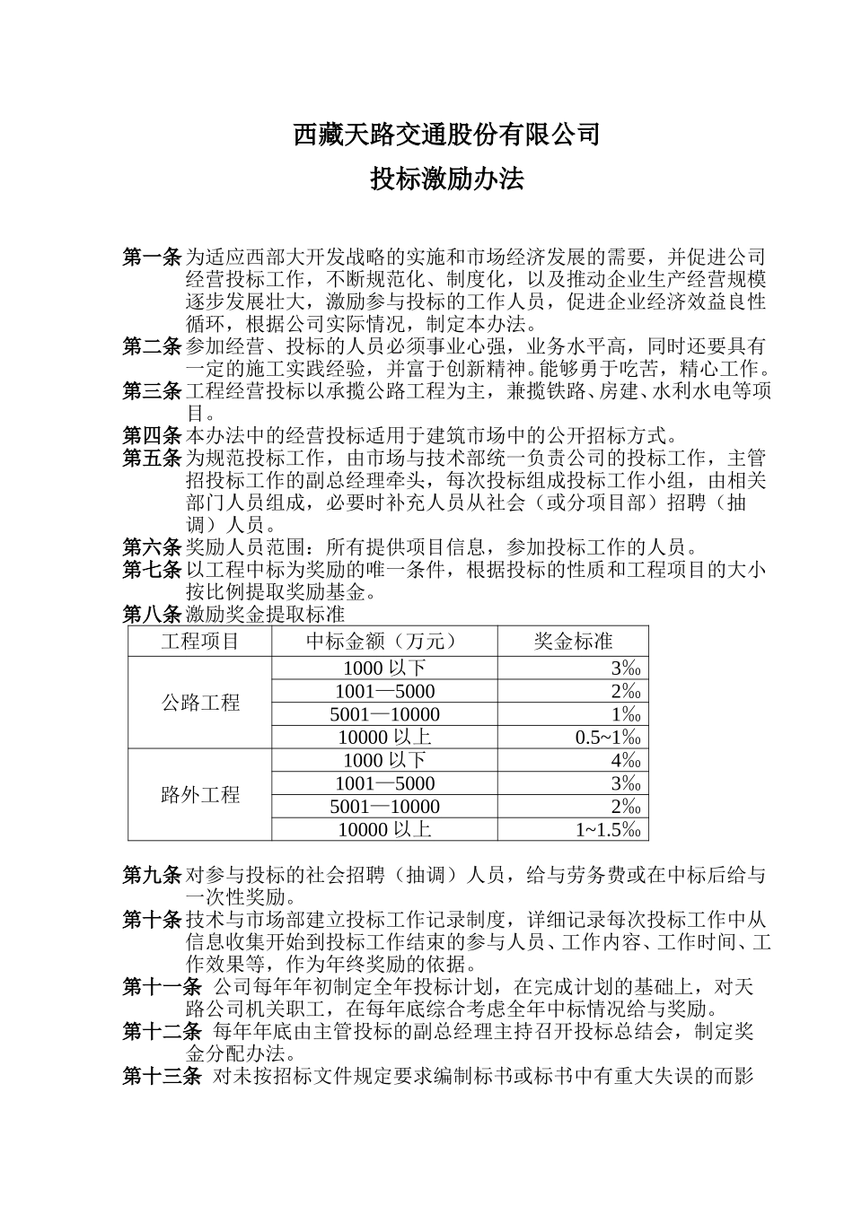 西藏天路交通股份有限公司投标激励办法.doc_第1页