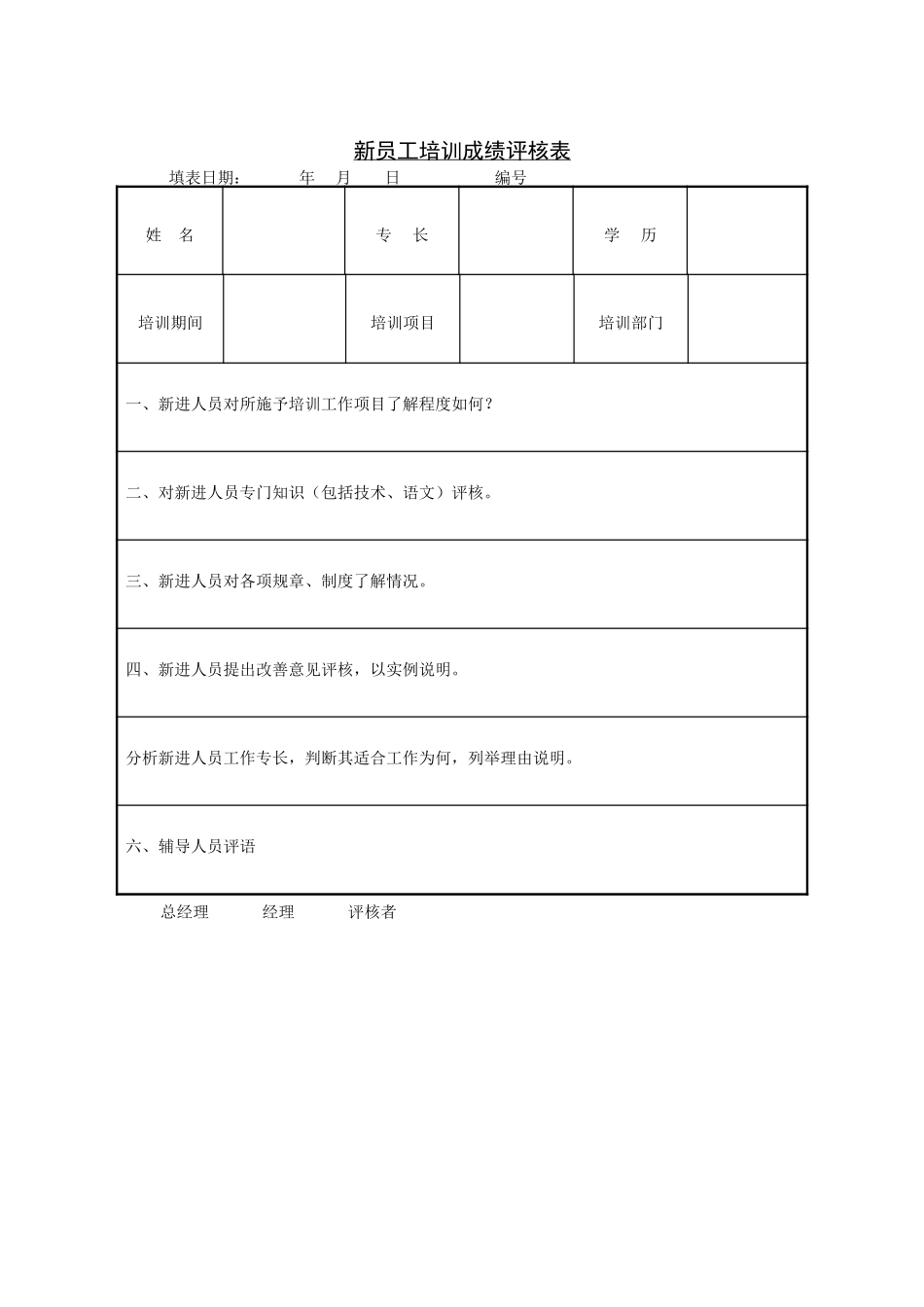 新员工培训成绩评绩表.doc_第1页