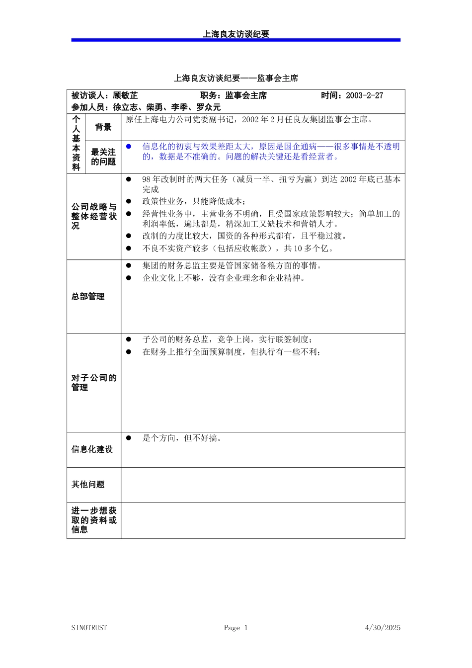 访谈纪录-监事会主席－030227-罗众元.doc_第1页