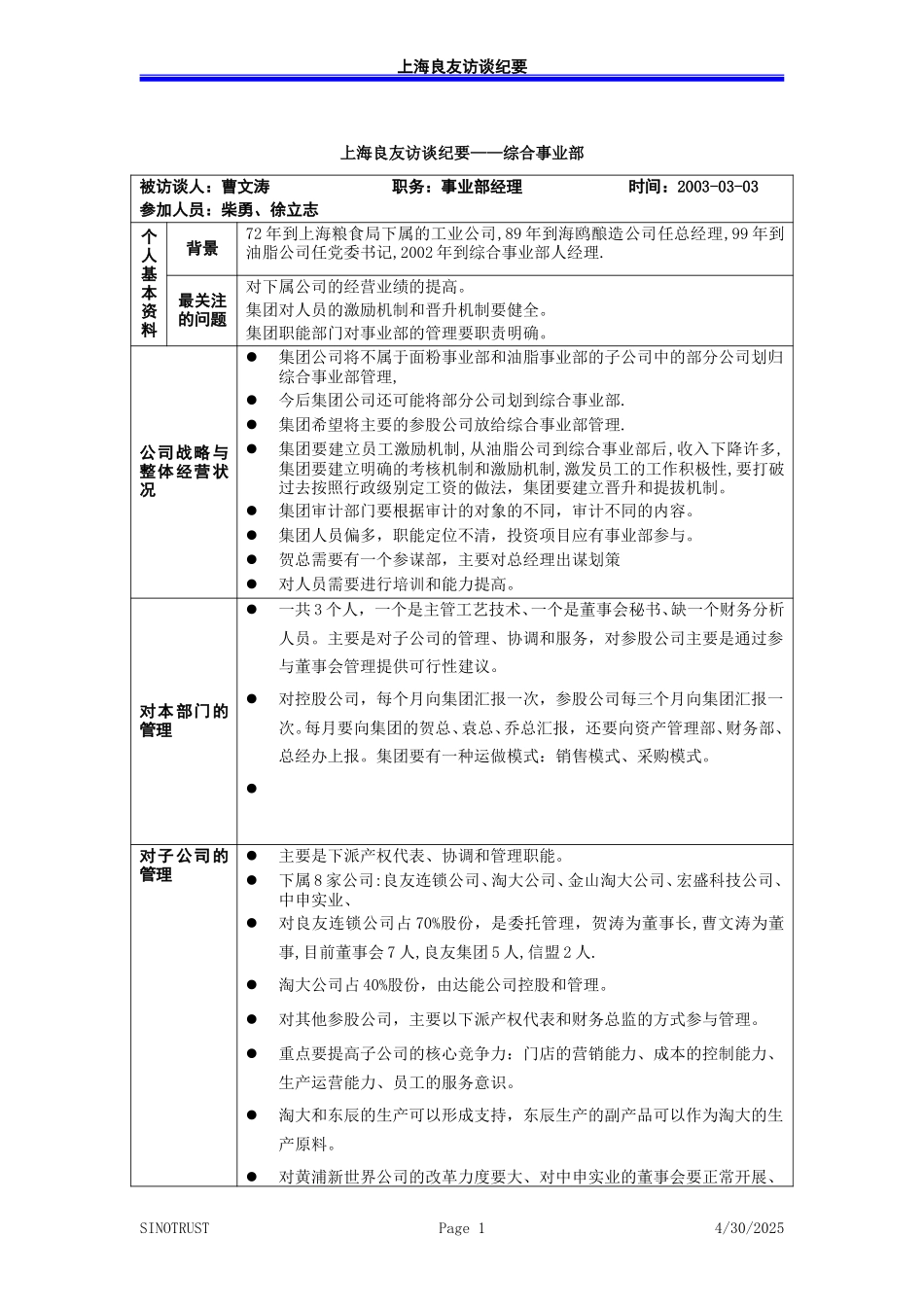 访谈纪录-综合事业部经理－030303-徐立志.doc_第1页