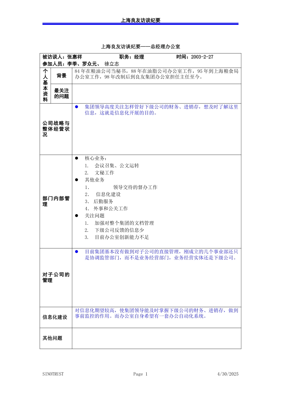 访谈纪录-总经理办公室张惠祥－030227-李季.doc_第1页