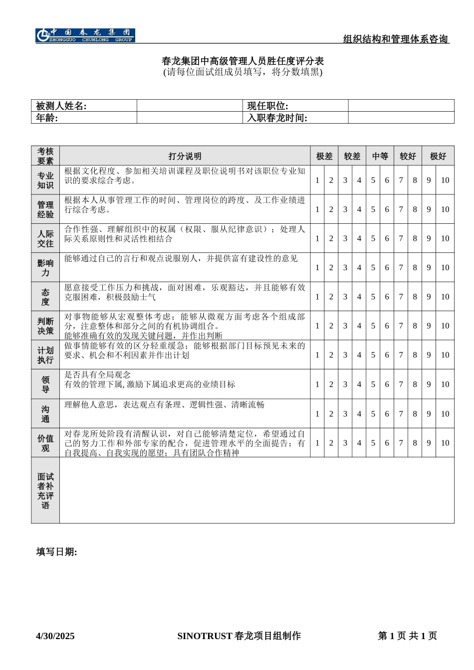 春龙集团中高级管理人员胜任度评分表.DOC_第1页