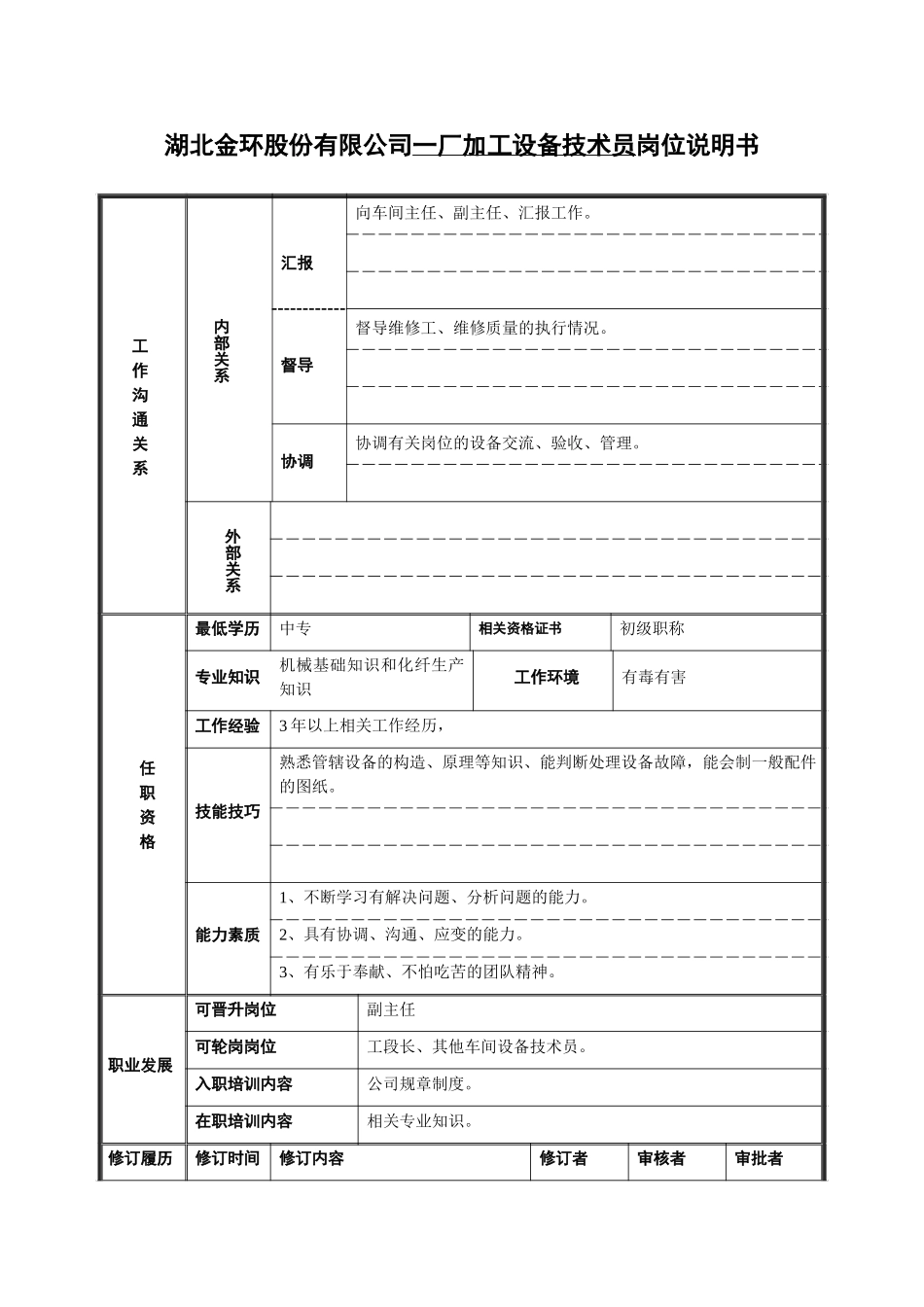 一厂加工设备技术员岗位说明书.doc_第2页