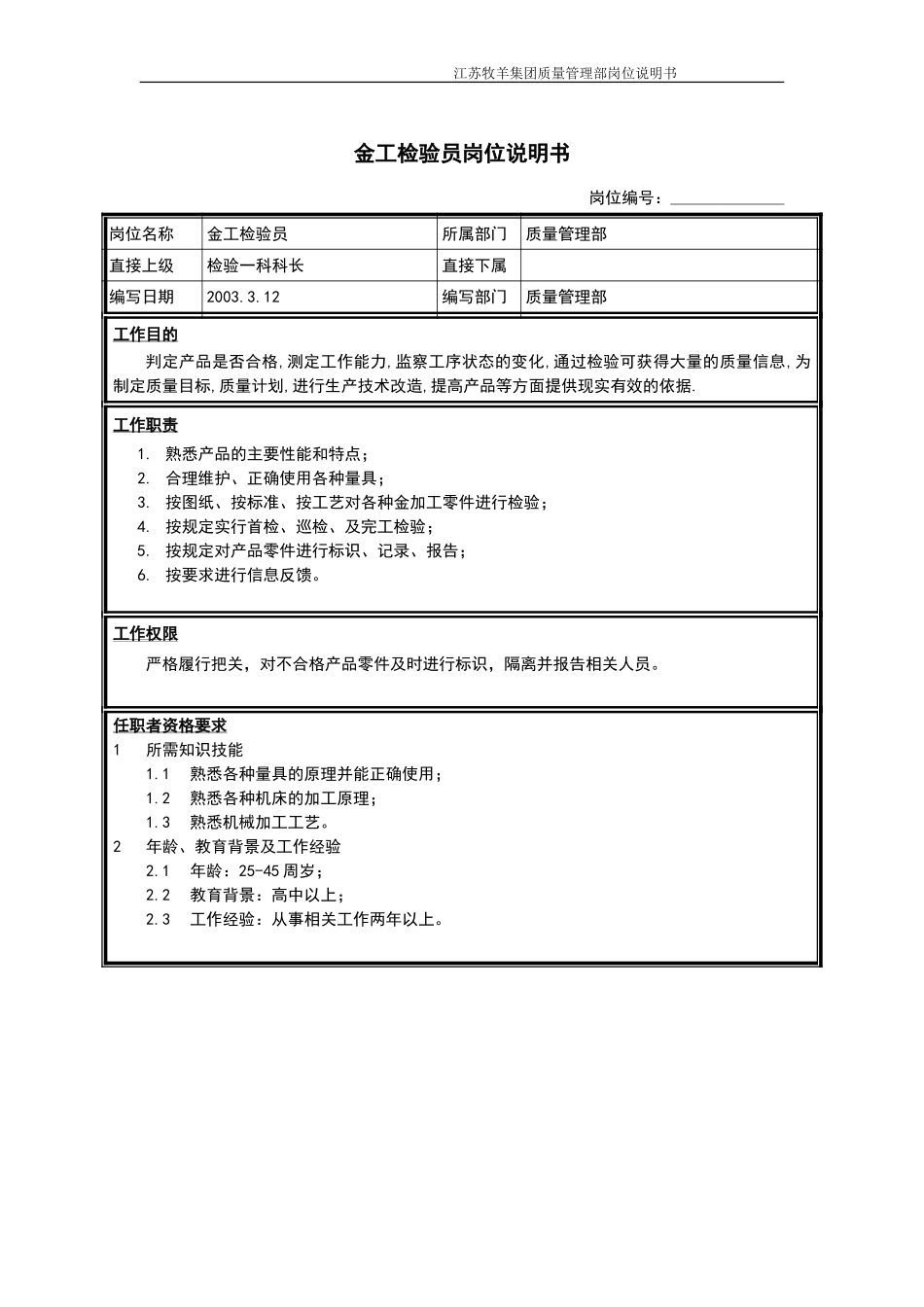 金工检验员岗位说明书.doc_第1页