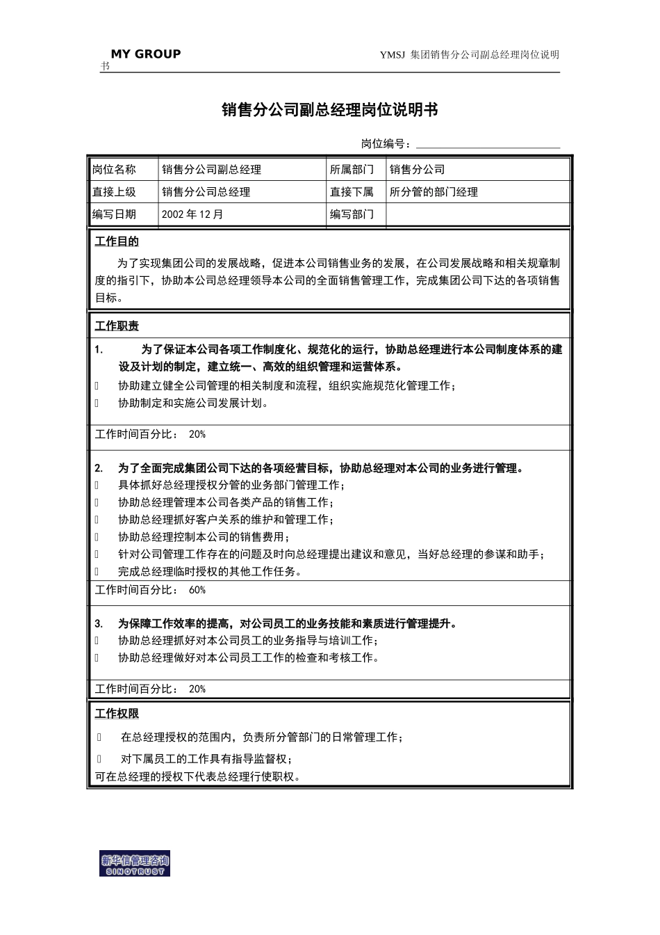 销售分公司副总经理岗位说明书KM版.doc_第1页