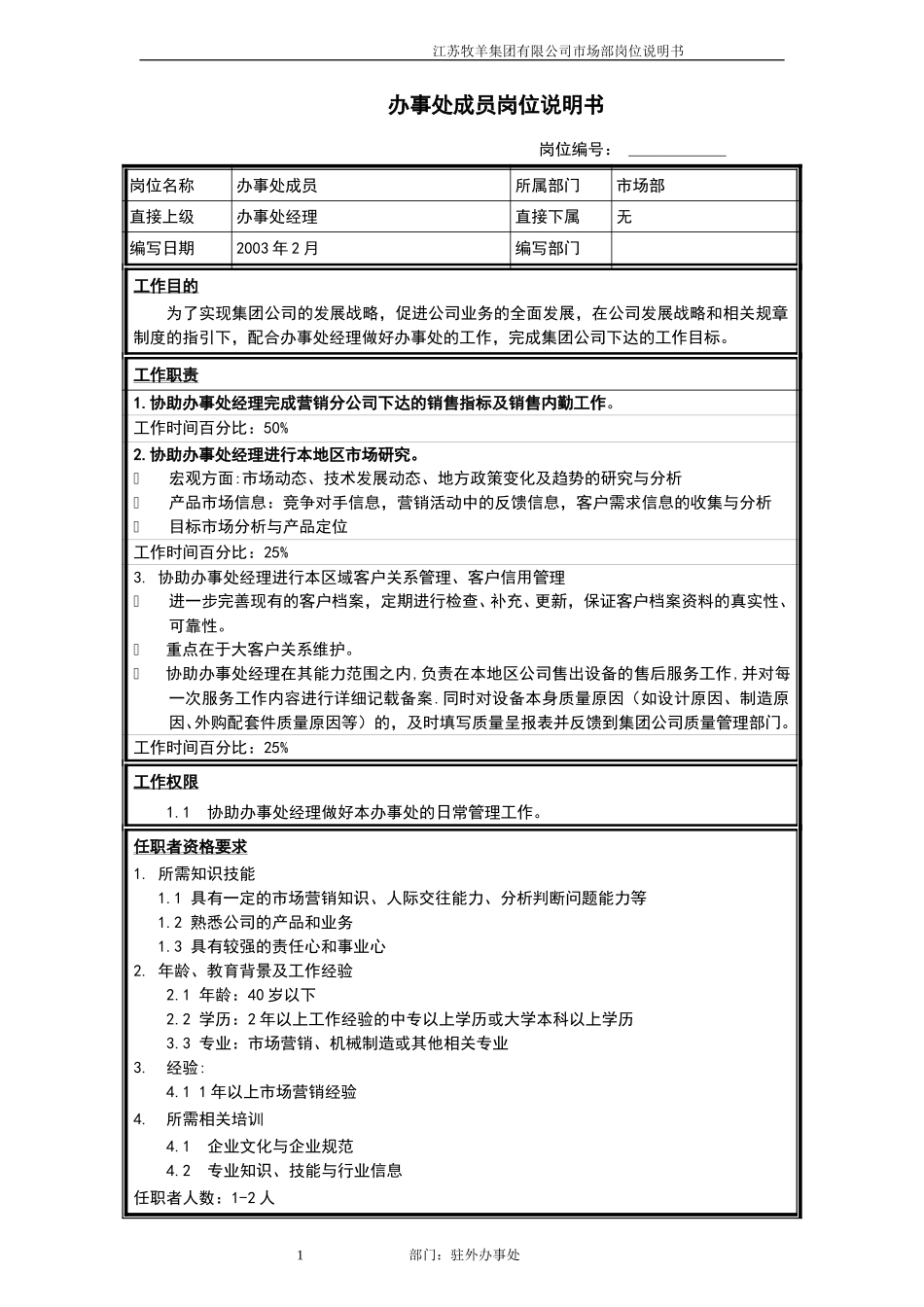办事处成员岗位说明书.doc_第1页