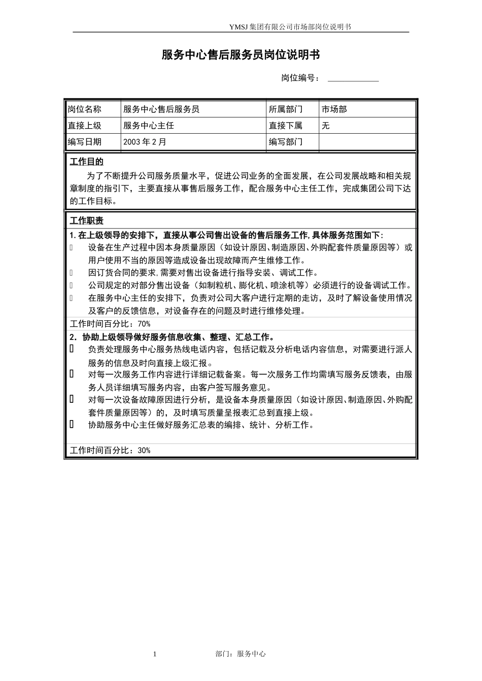 服务中心售后服务员岗位说明书KM版.doc_第1页