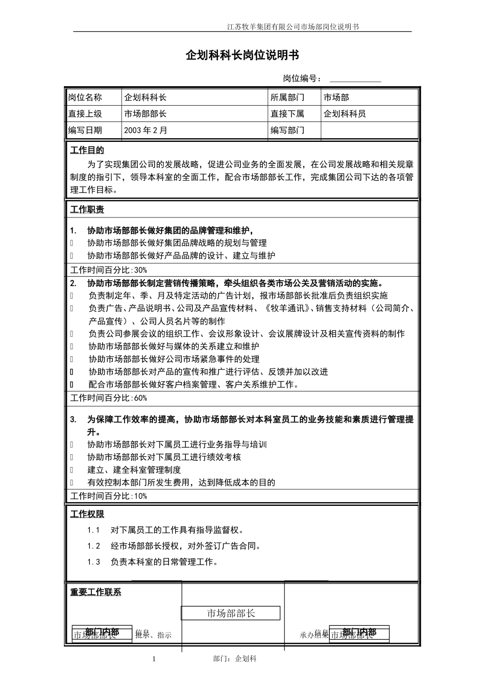 企划科科长岗位说明书.doc_第1页