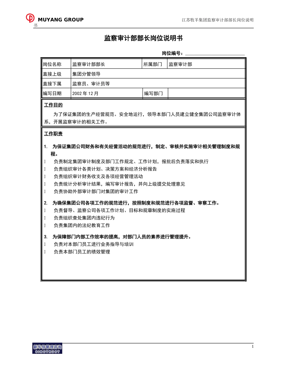 监察审计部部长岗位说明书.doc_第1页