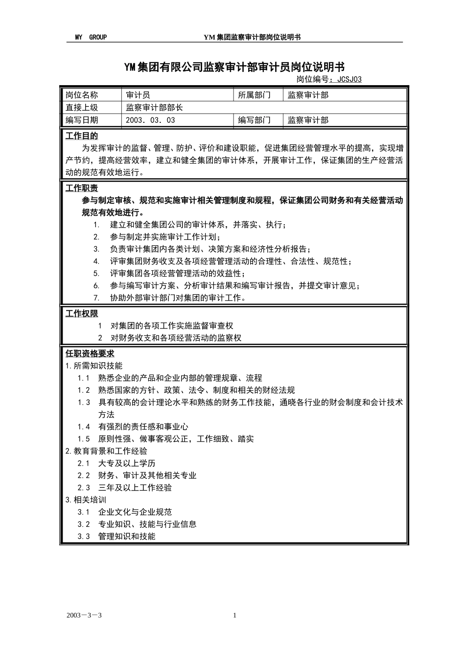 审计员岗位说明书KM版.doc_第1页
