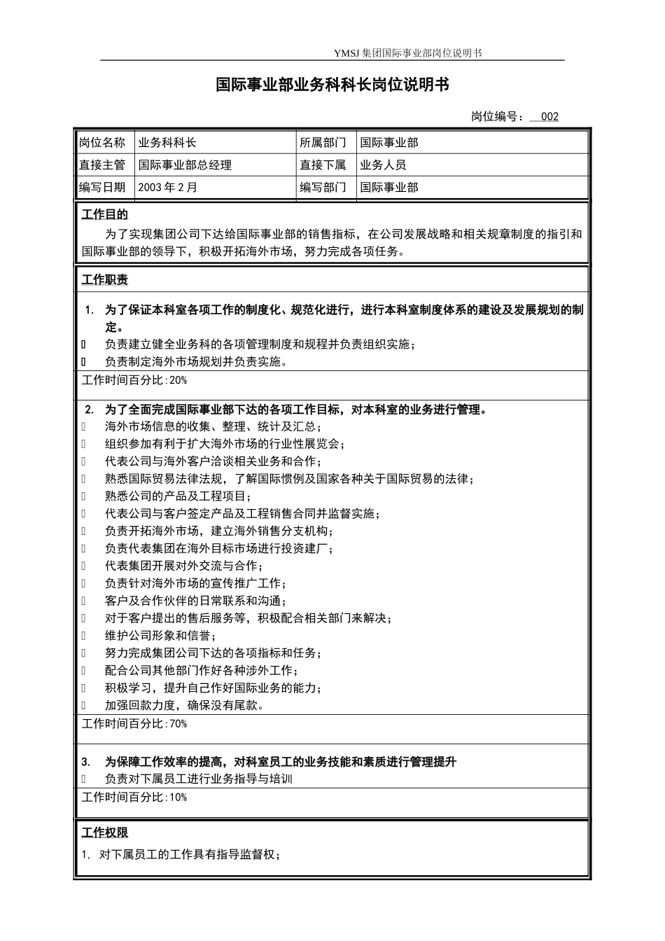 业务科科长岗位说明书KM版.doc_第1页