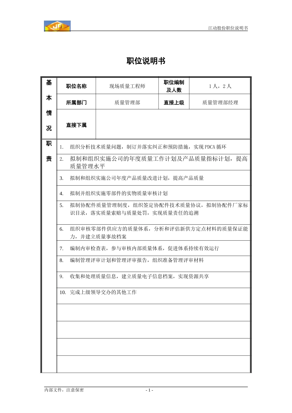 现场质量管理员职位说明书.doc_第1页