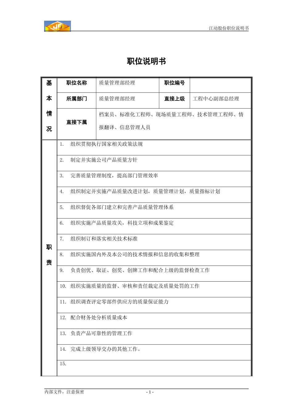 质量管理部经理职位说明书.doc_第1页