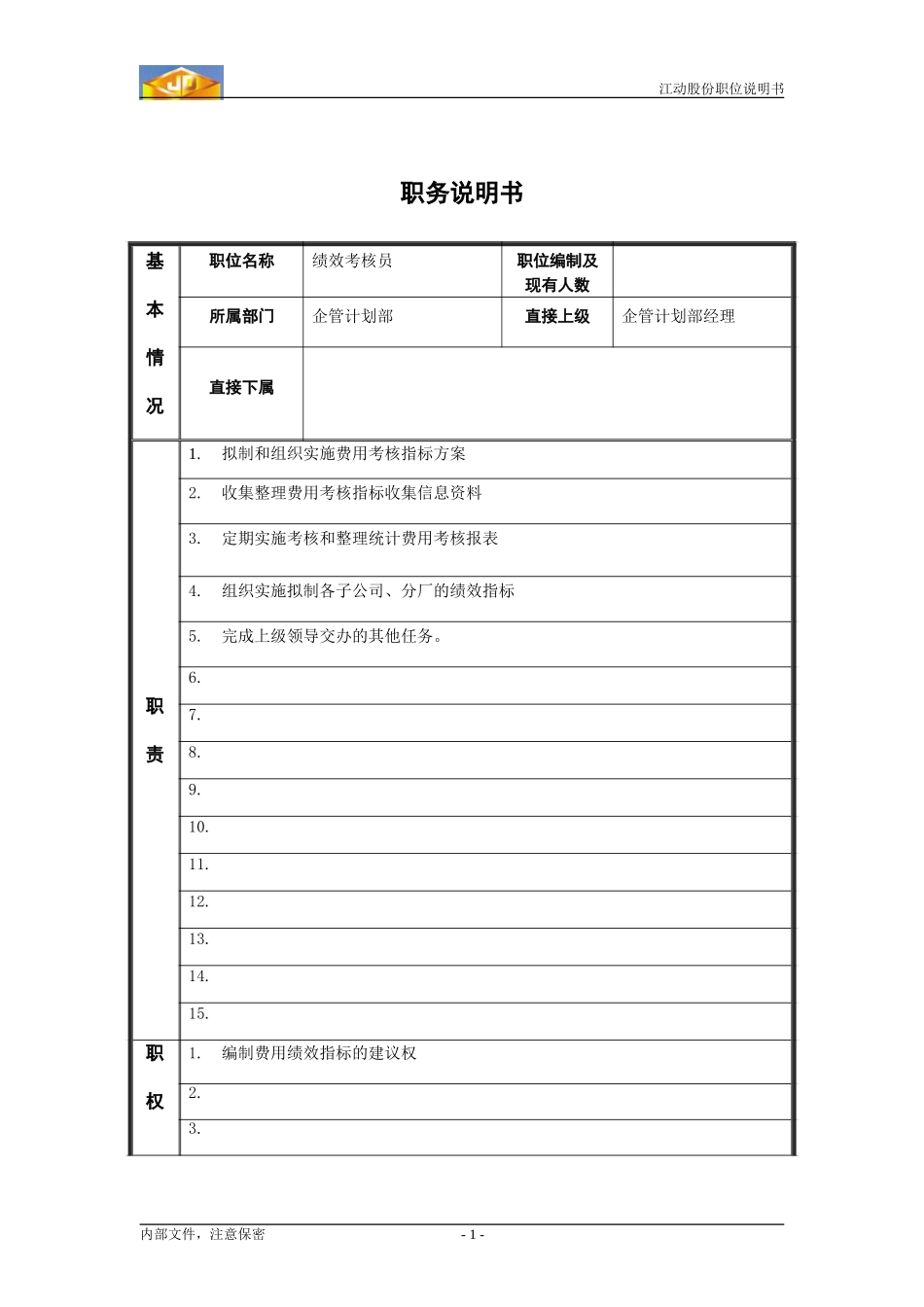 企管计划部绩效考核员职位说明书.doc_第1页