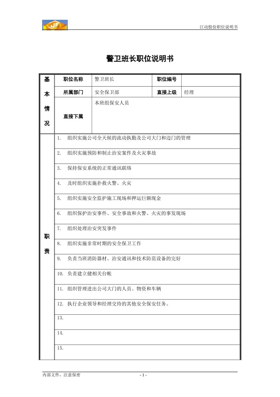 警卫班班长职务说明书.doc_第1页