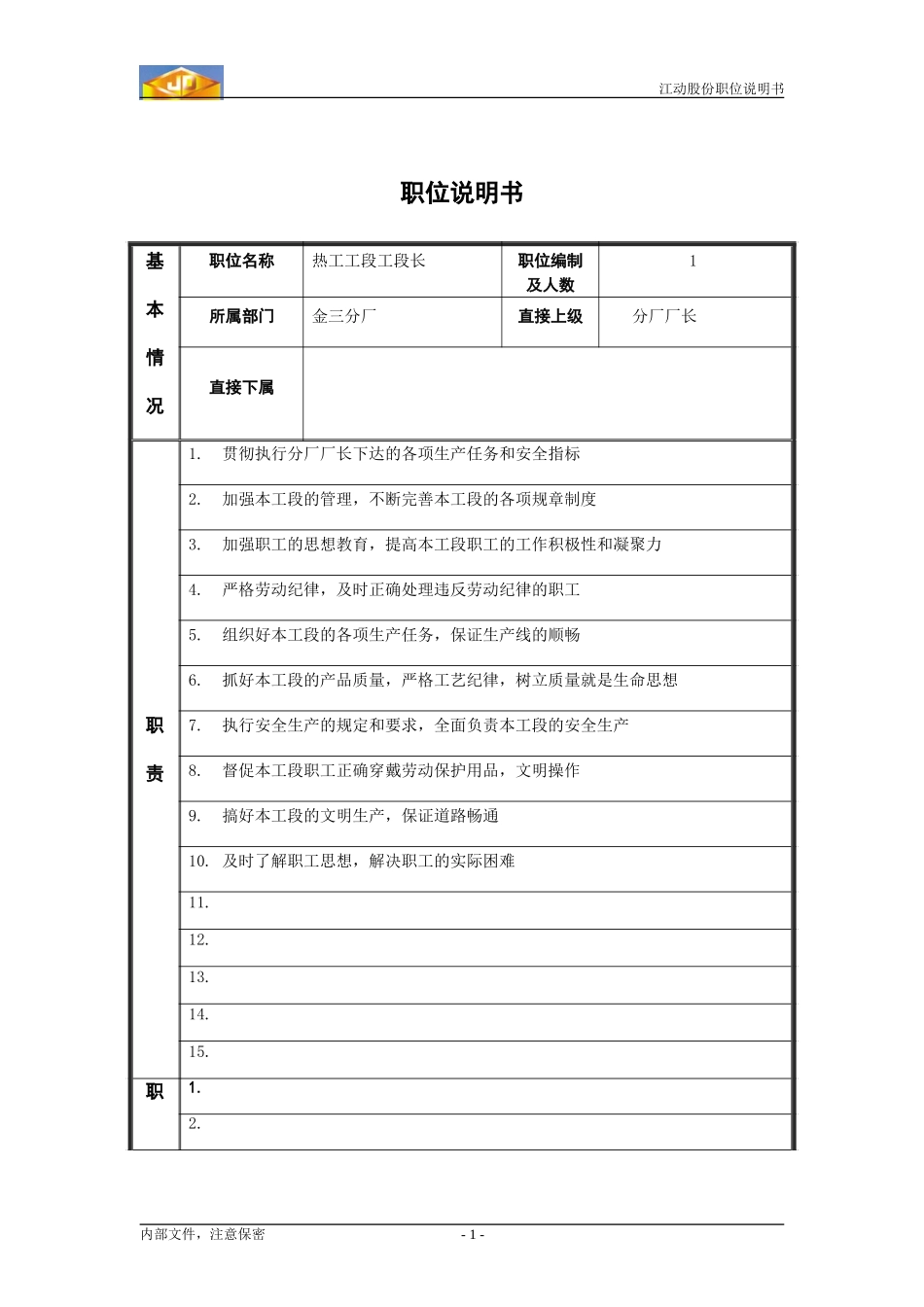 热工工段工段长职位说明书.doc_第1页