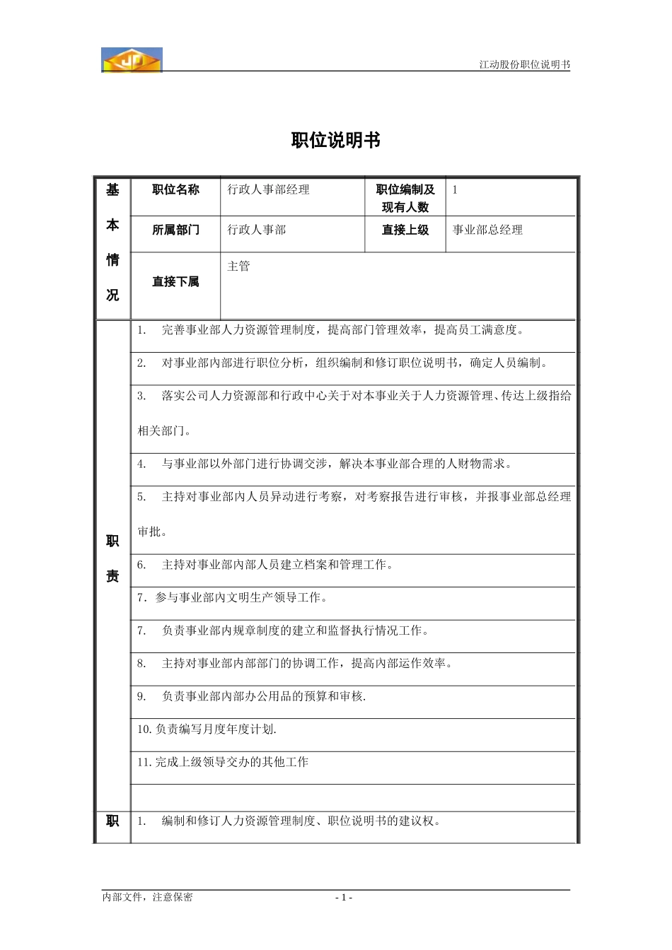 江动股份职位说明书(多缸1行政人事部）.doc_第1页