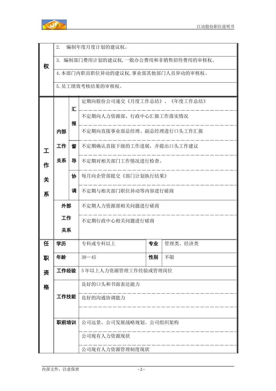 江动股份职位说明书(多缸1行政人事部）.doc_第2页