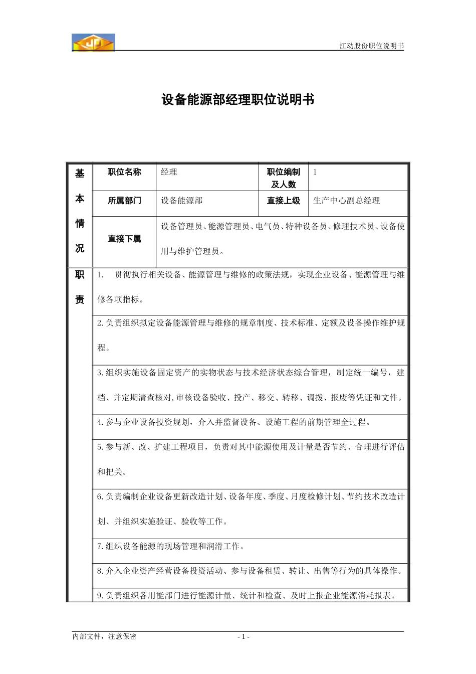 设备能源部经理职务说明书.doc_第1页