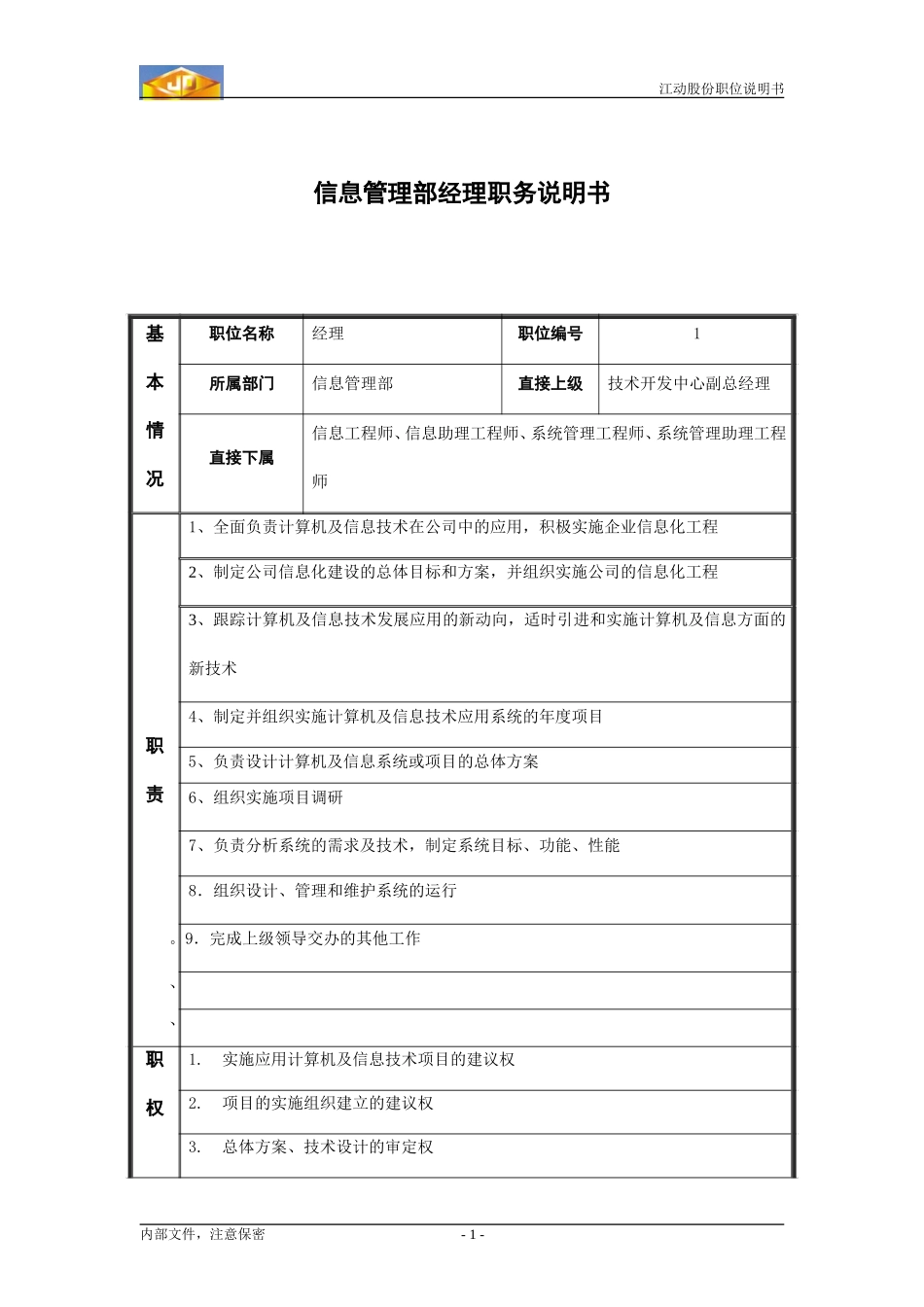 信息管理部经理职务说明书.doc_第1页
