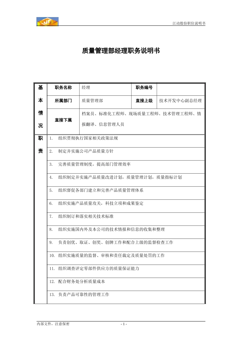 质量管理部经理职务说明书.doc_第1页