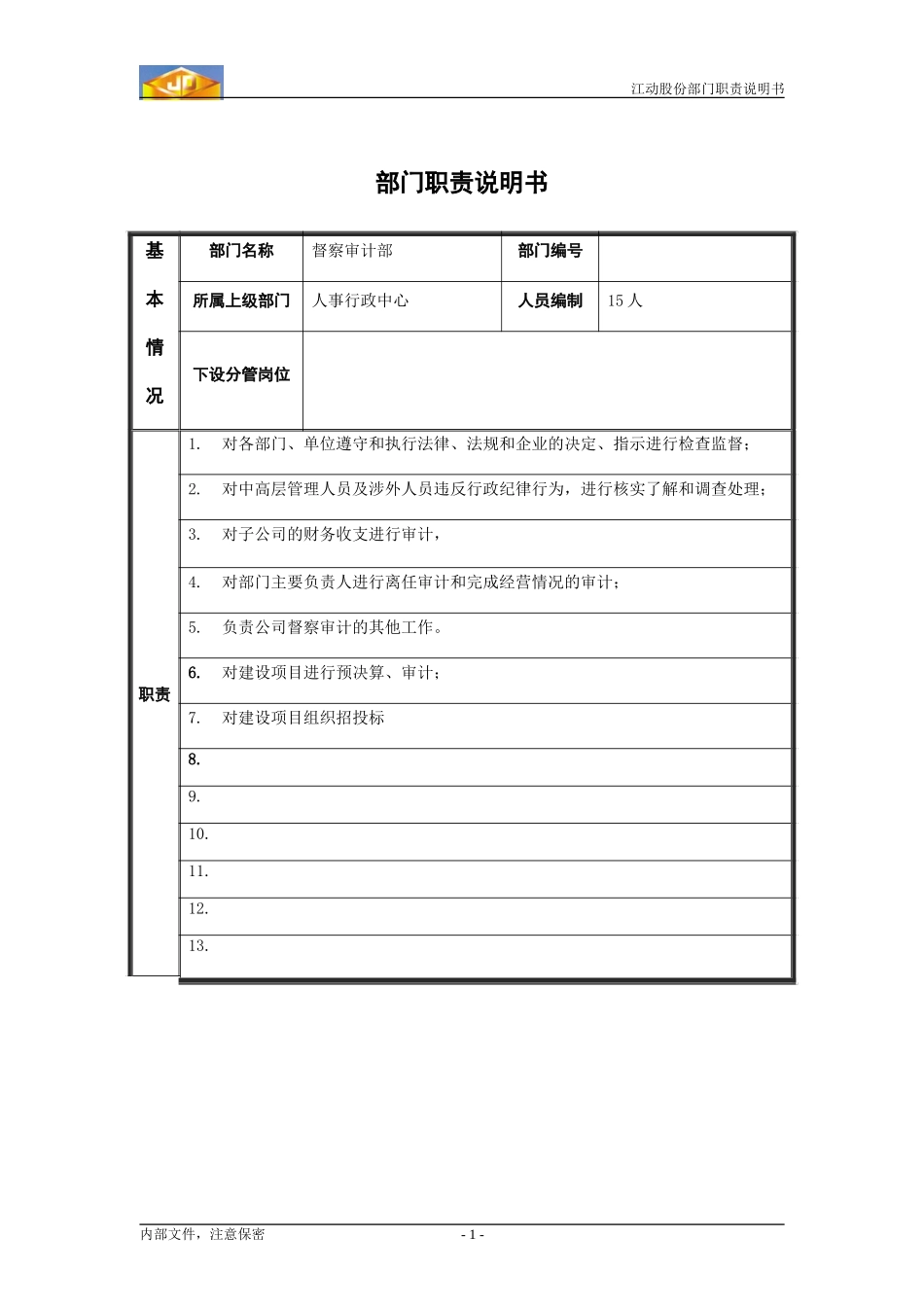 江动股份部门职责说明书（模板）----监察审计部.doc_第1页