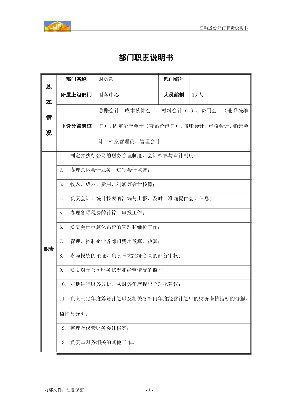 z江动股份部门职责说明书（模板）----财务部.doc_第1页