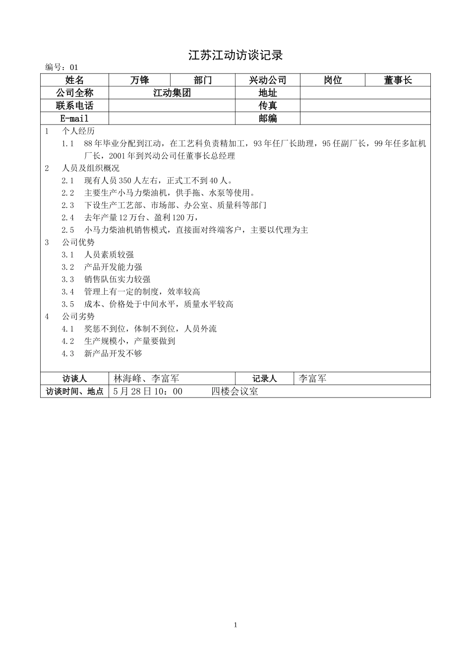 03江苏江动访谈记录-兴动公司总经理--万锋.doc_第1页