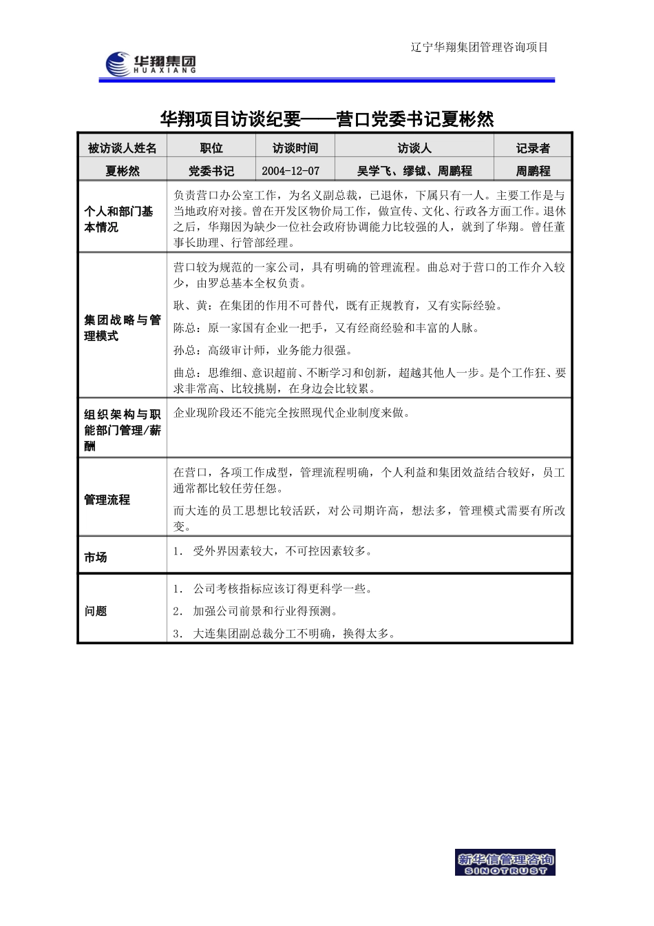 华翔项目访谈纪要－营口党委书记夏彬然-041207.doc_第1页