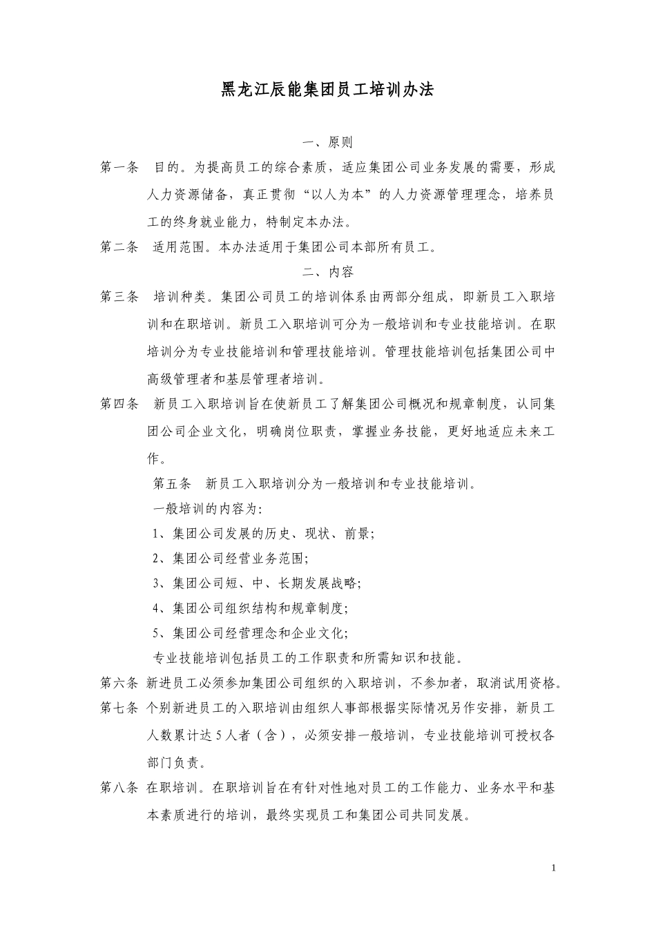 16黑龙江辰能集团公司员工培训办法.doc_第1页