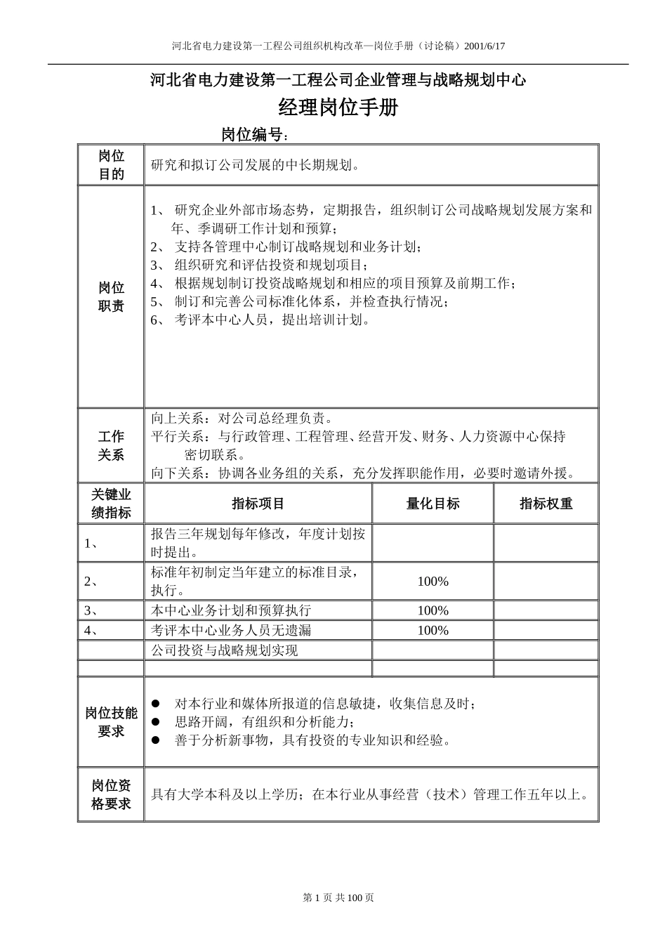 河北电力第一工程公司企业管理与战略规划中心经理岗位手册.DOC_第1页