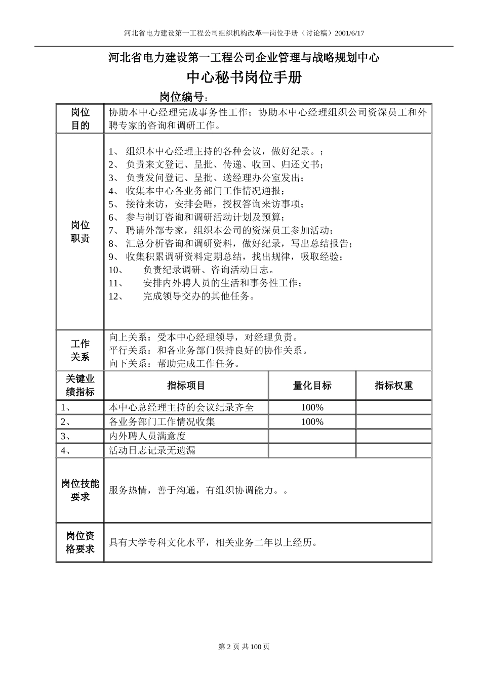 河北电力第一工程公司企业管理与战略规划中心经理岗位手册.DOC_第2页