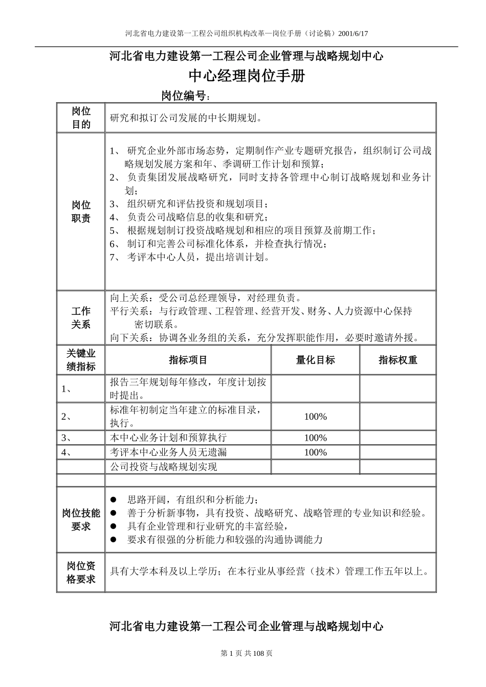 河北电力第一工程公司企业管理与战略规划中心中心经理岗位手册.DOC_第1页