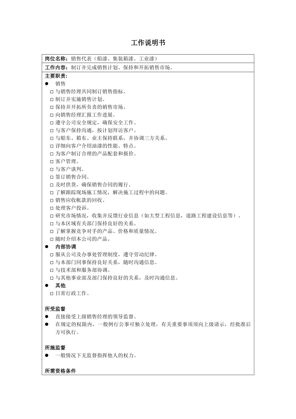 新华信-海虹涂料-工作说明书-销售代表（船漆、集装箱漆、工业漆）.DOC_第1页