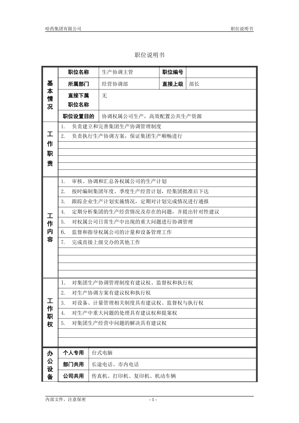 2经营协调部_生产协调主管_职位说明书.doc_第1页