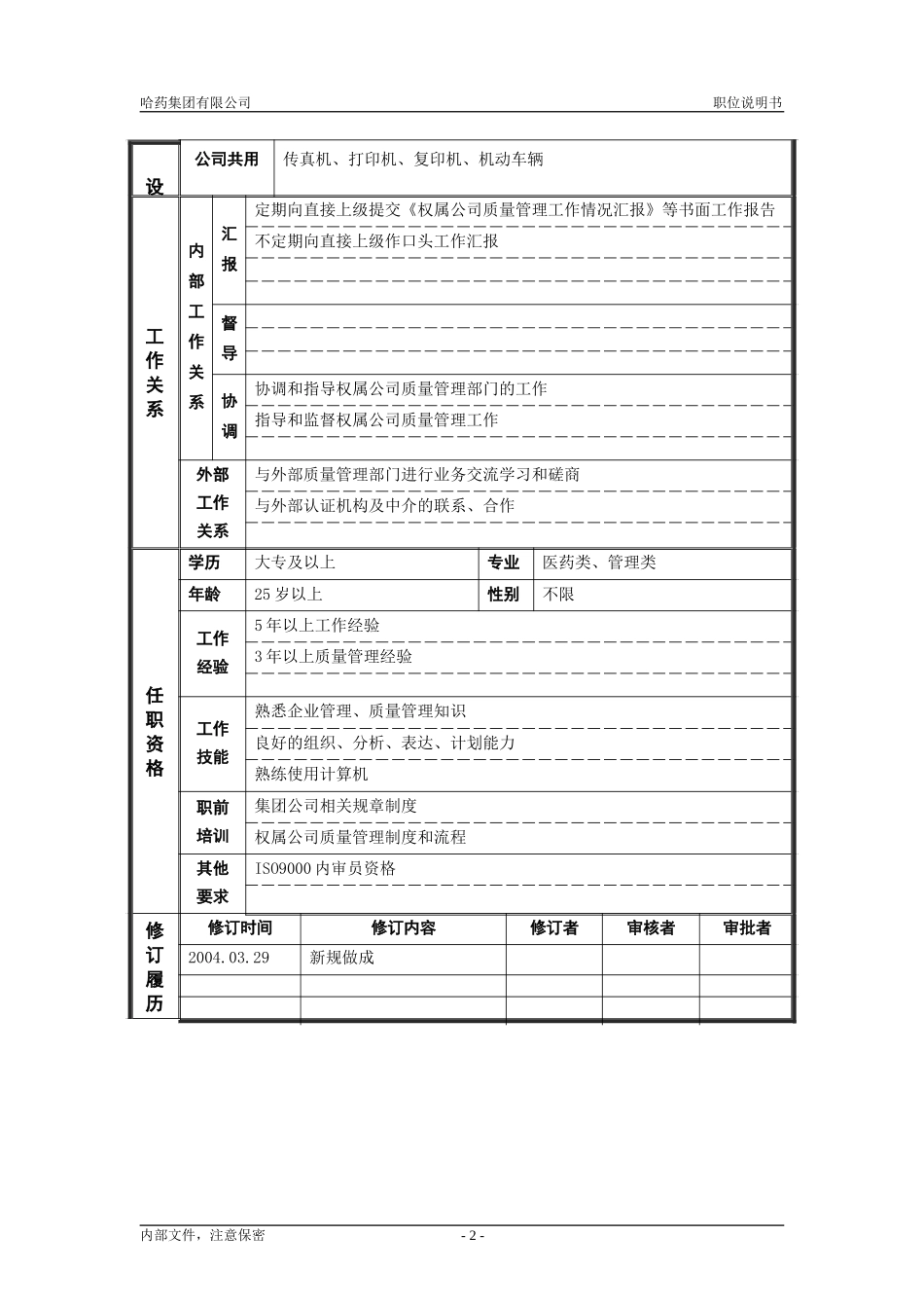 3经营协调部_质量管理主管_职位说明书.doc_第2页