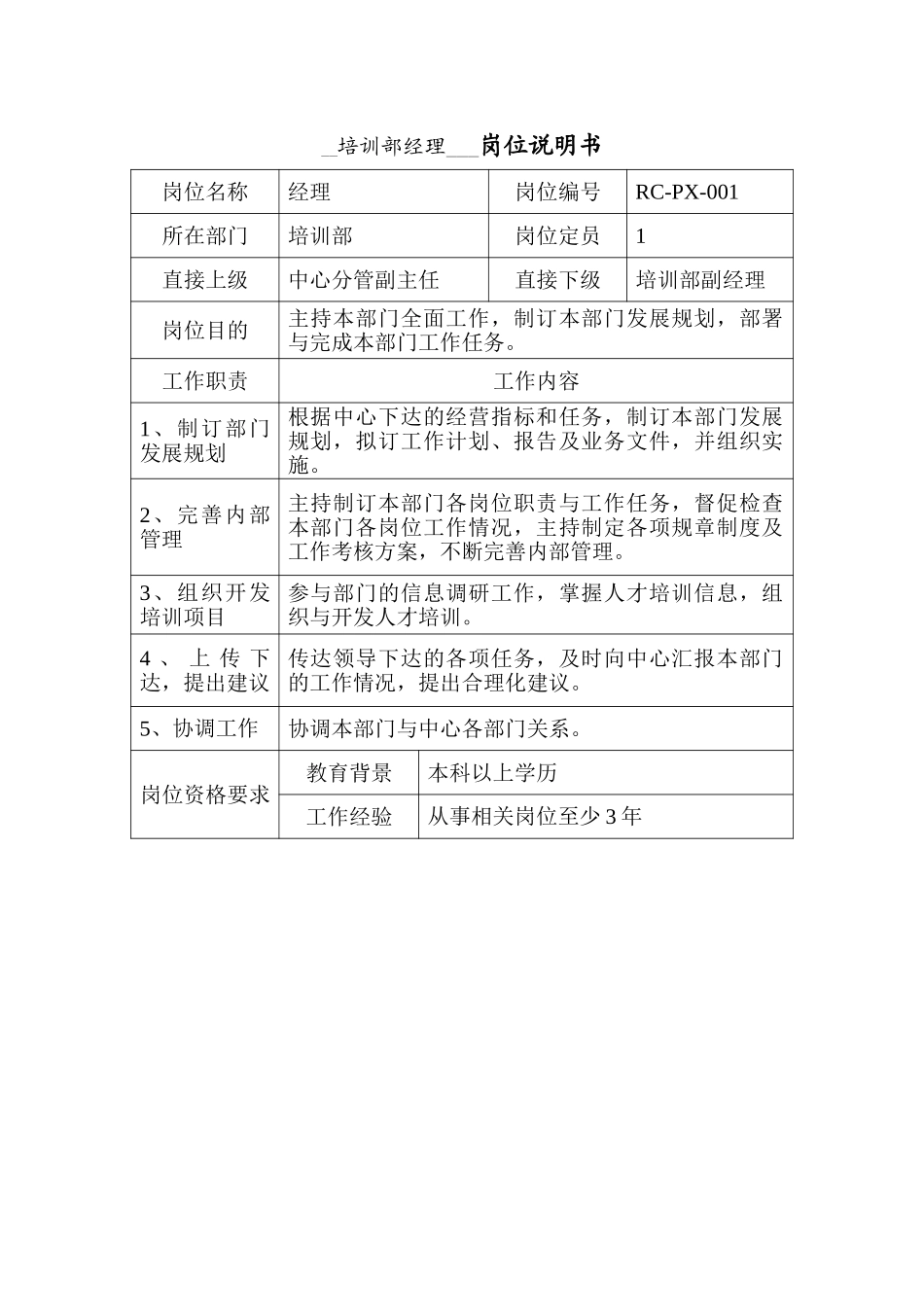 培训部岗位说明书.doc_第1页