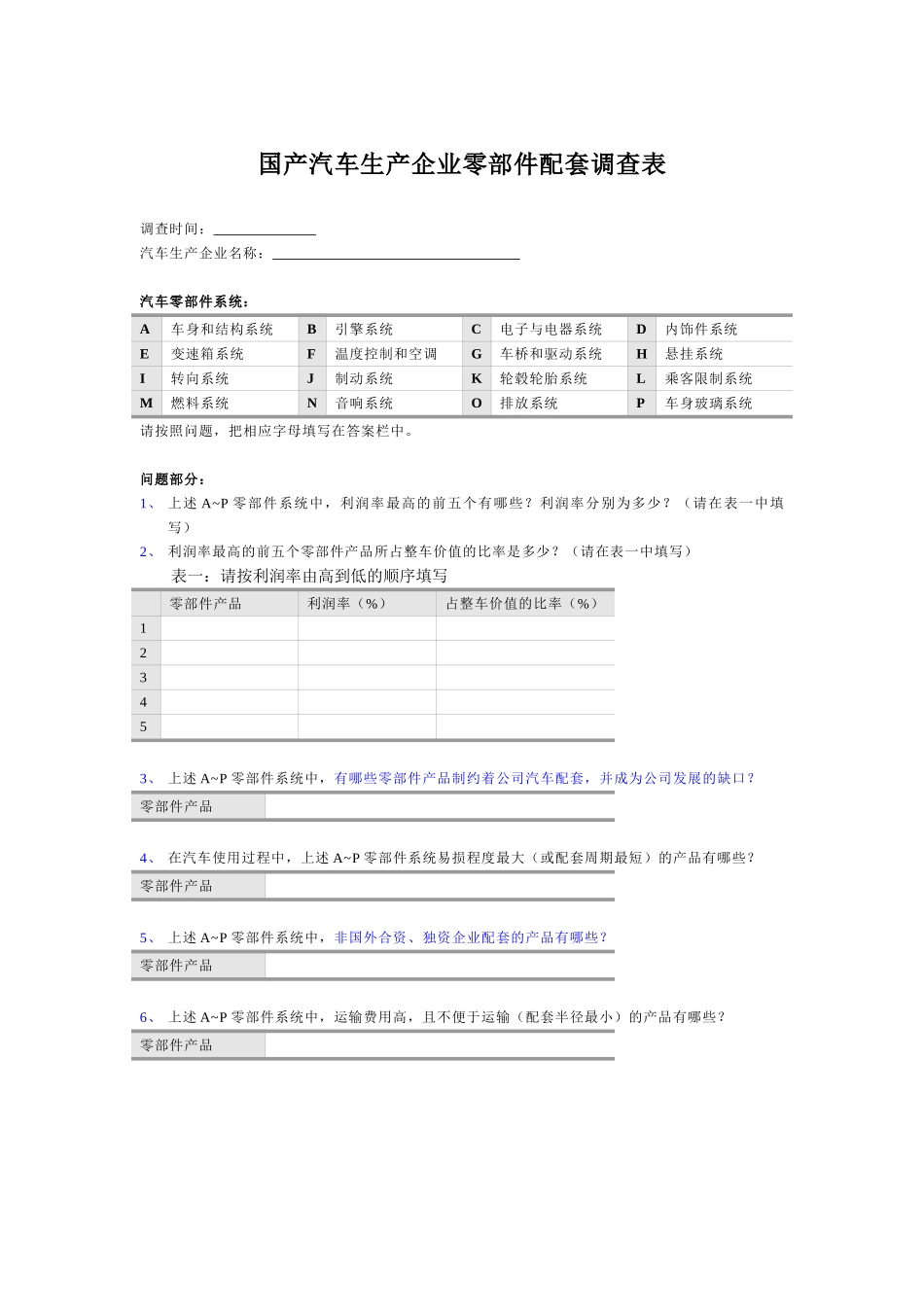 国产汽车企业零部件配套调查表-xy-1220.doc_第1页