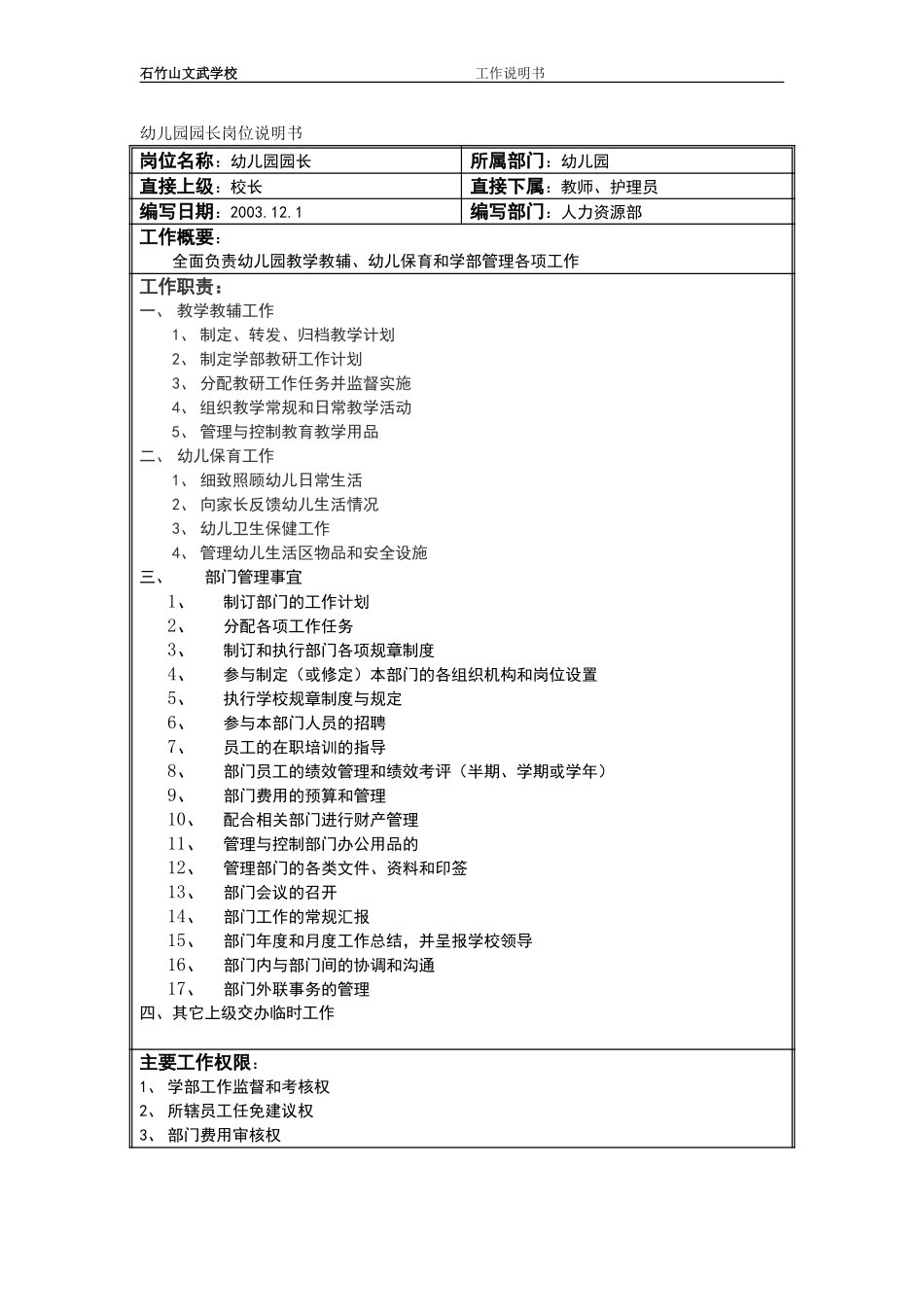 幼儿园园长岗位说明书.doc_第1页