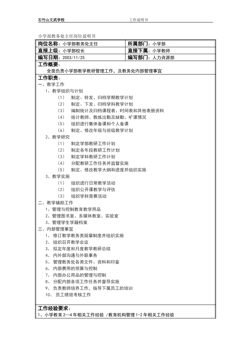 小学部教务处主任岗位说明书.doc_第1页